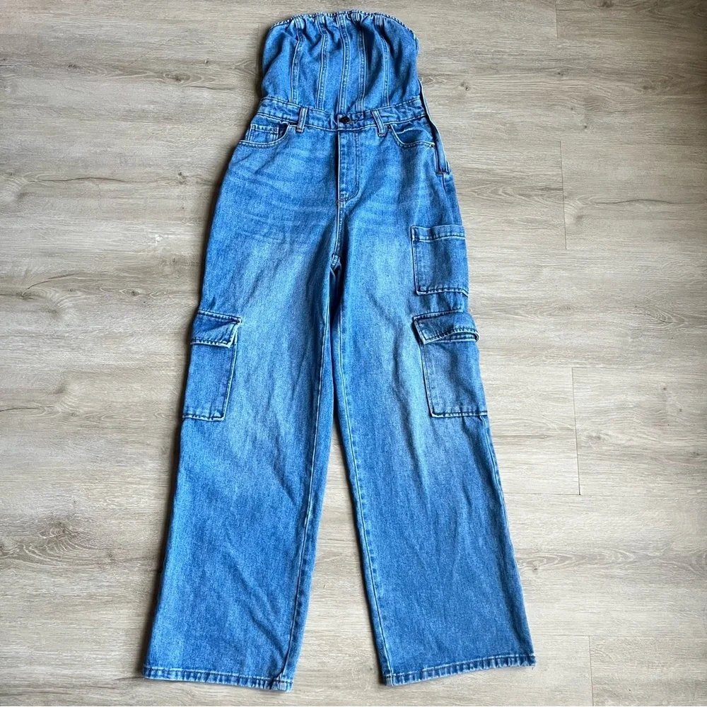 wild fable Strapless Light Blue Denim Jumpsuit